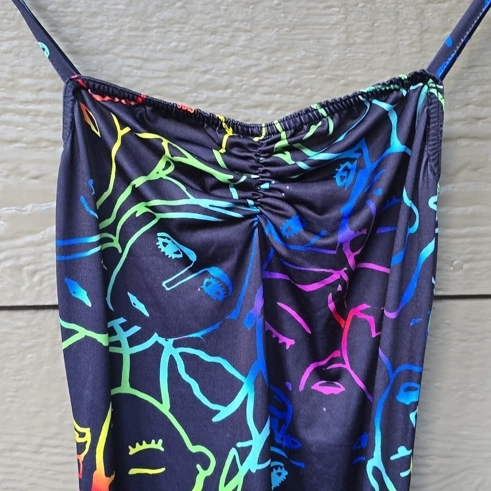 PrettyLittleThing Multi Abstract Face Print Slinky Ruched Side Bodycon Dress 6 - Picture 6 of 11